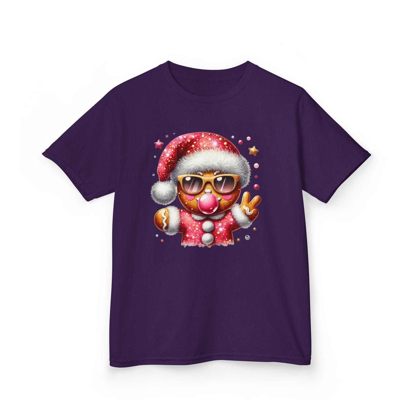 purple kids christmas t-shirt with dabbing gingerbread festive design