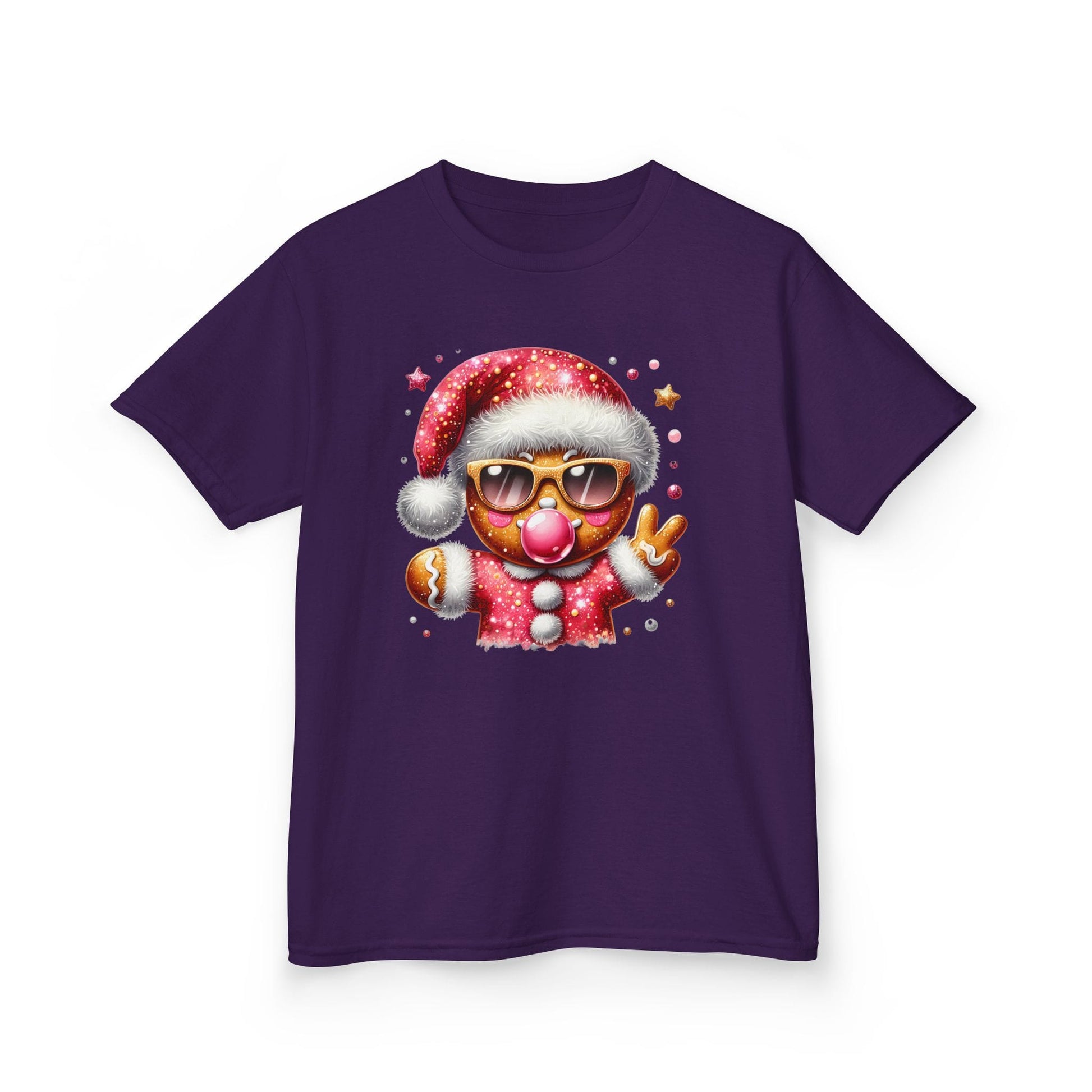 purple kids christmas t-shirt with dabbing gingerbread festive design