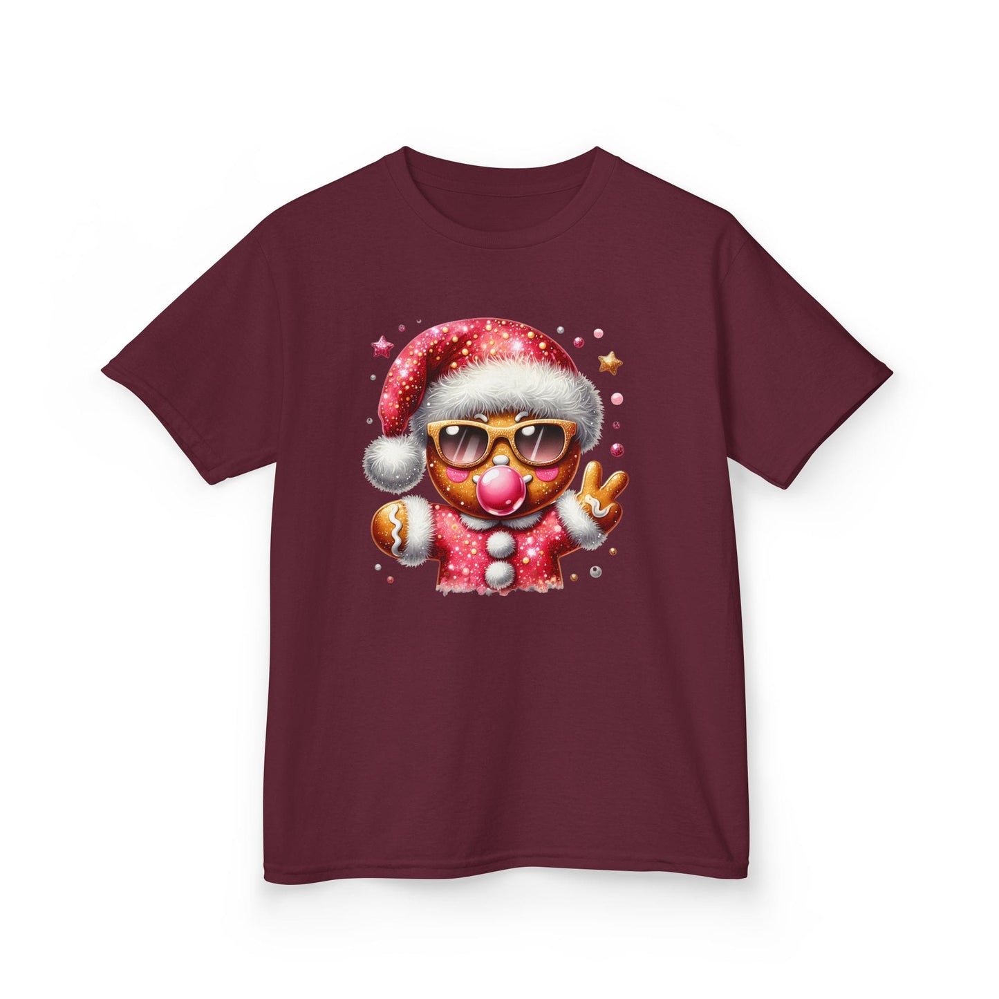 maroon kids christmas t-shirt with gingerbread holiday design