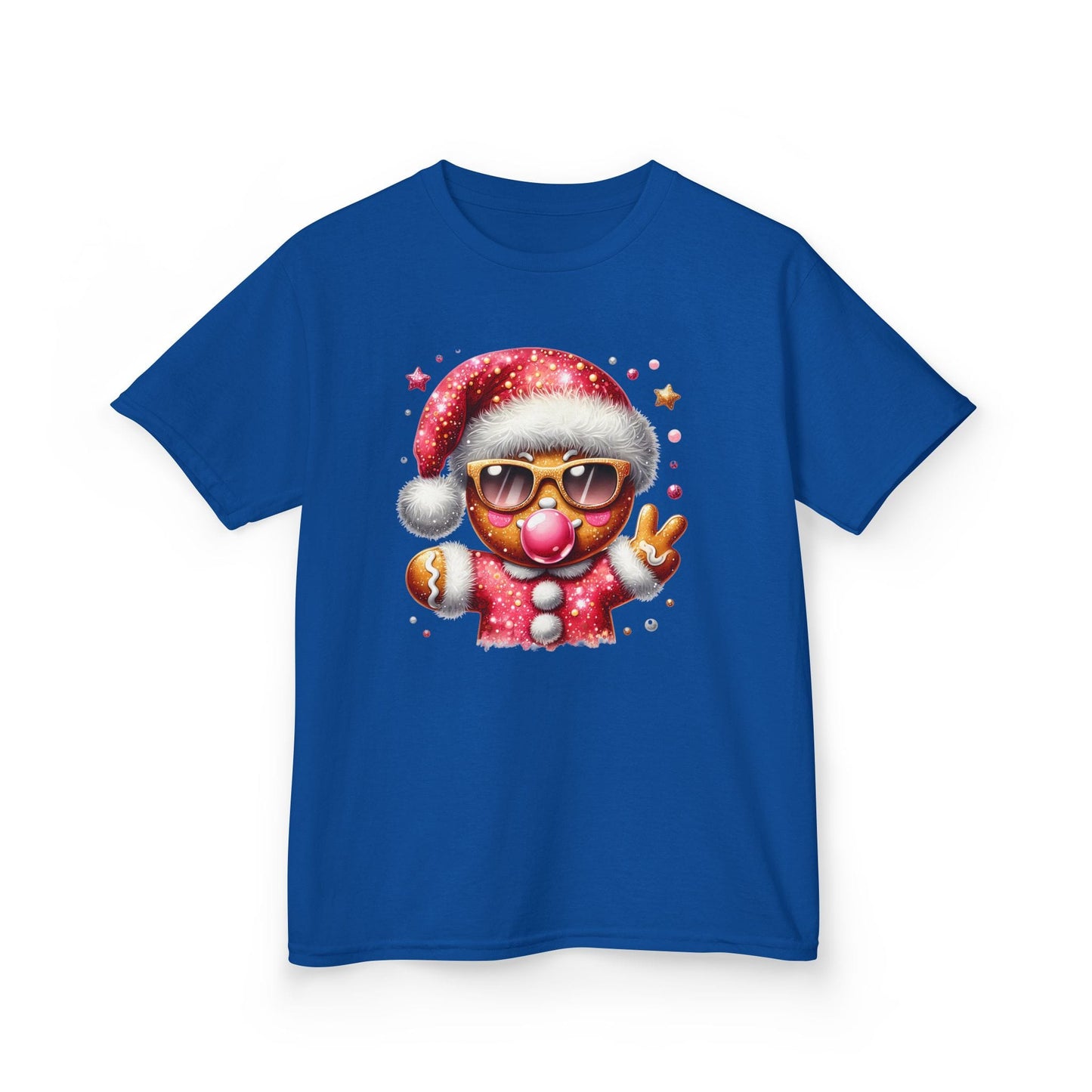 royal blue kids christmas t-shirt with dabbing gingerbread print for boys