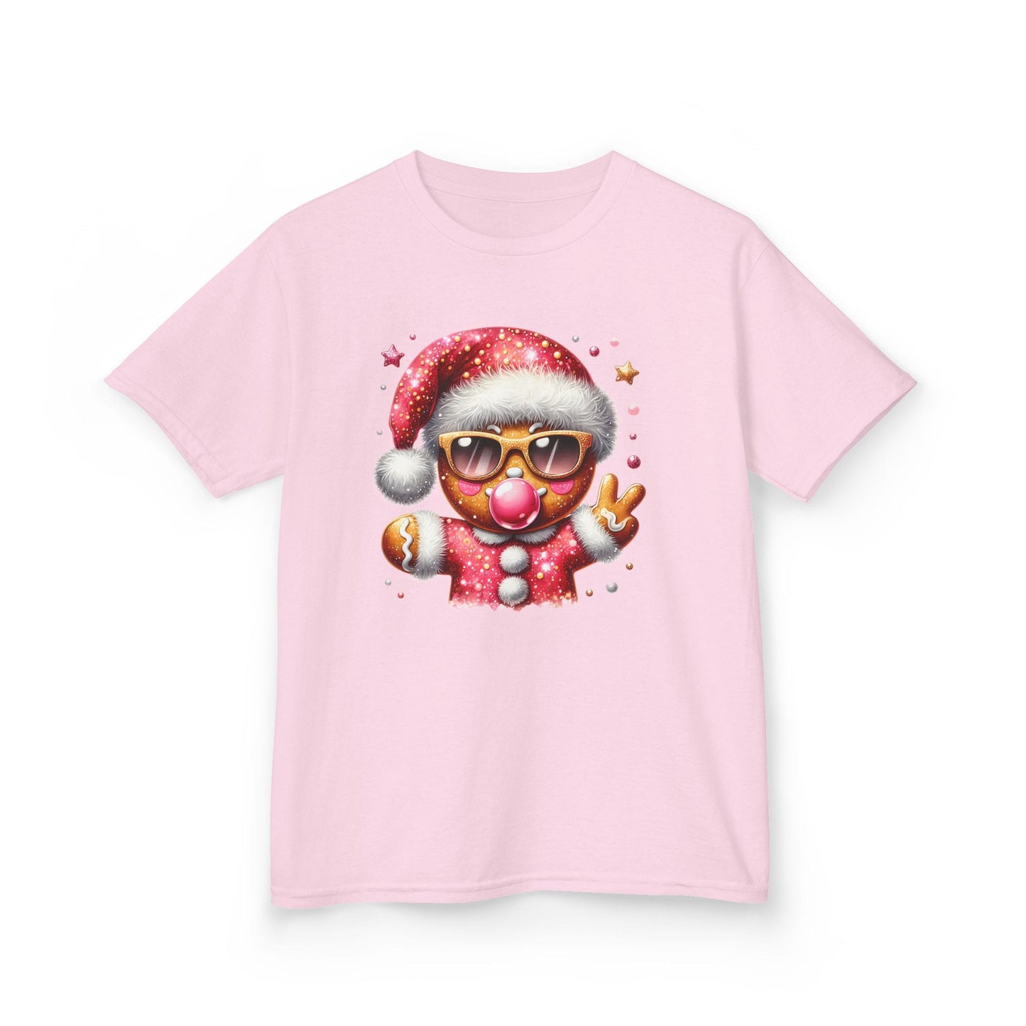 light pink kids christmas t-shirt with cool dabbing gingerbread design for girls