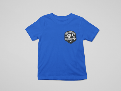 white kids t-shirt with 100% trouble 0% sorry funny slogan graphic
