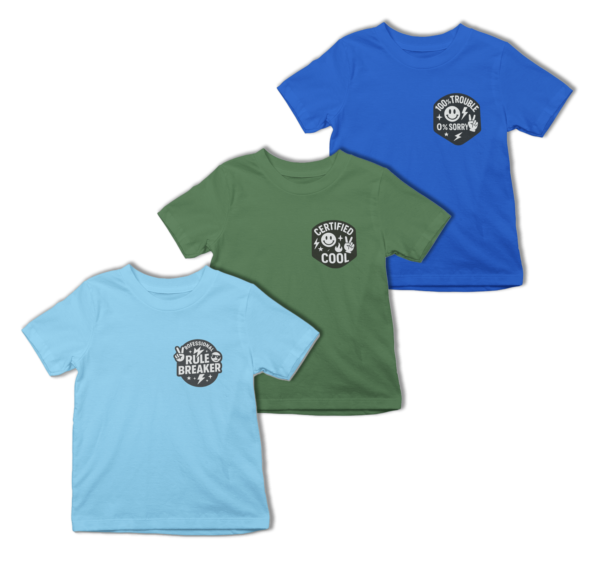white kids t-shirt set of three with rule breaker trouble and certified cool slogan designs