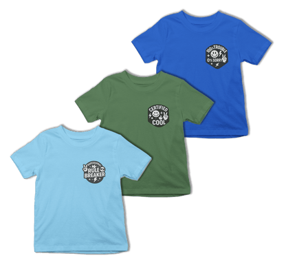 white kids t-shirt set of three with rule breaker trouble and certified cool slogan designs