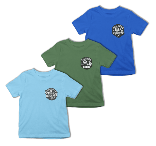white kids t-shirt set of three with rule breaker trouble and certified cool slogan designs
