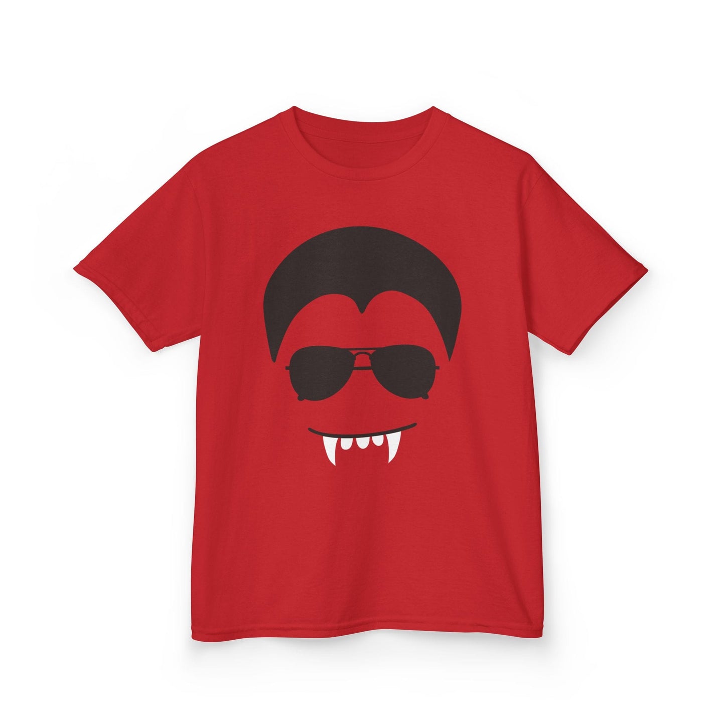 kids spooky season t-shirt with bold vampire face and fangs graphic print