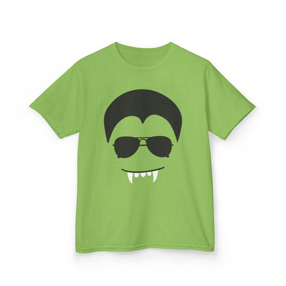 orange kids t-shirt with minimalist vampire face halloween design