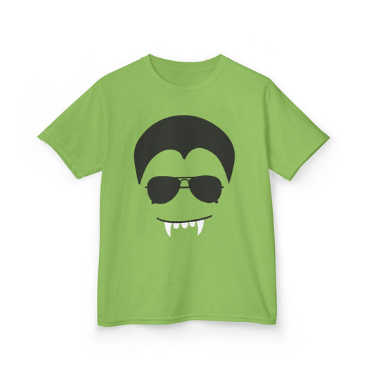 orange kids t-shirt with minimalist vampire face halloween design