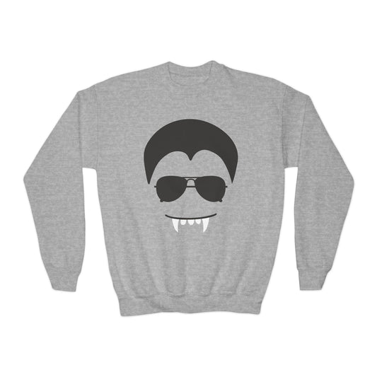sport grey kids halloween sweatshirt with vampire face sunglasses and fangs design