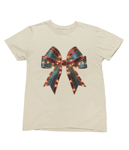 beige t-shirt with girly festive bow and sparkle details