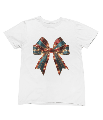 white t-shirt with oversized coquette christmas bow print