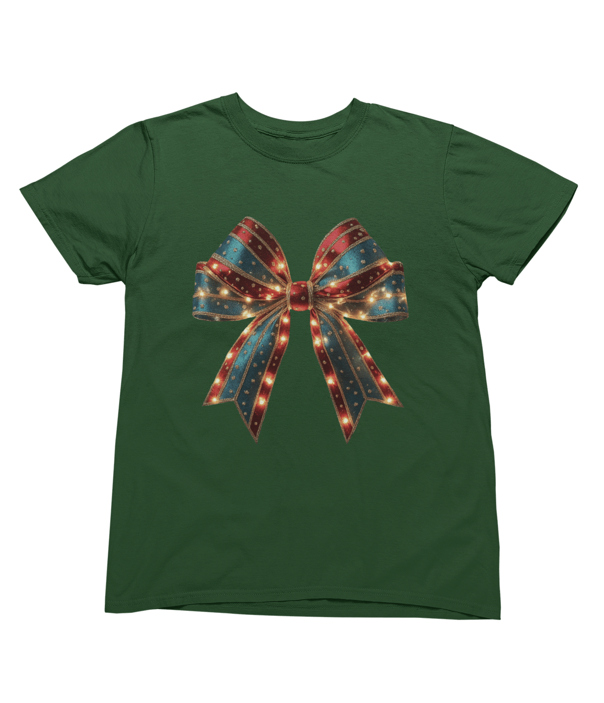 green t-shirt with festive girly bow and glitter christmas graphic