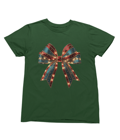 green t-shirt with festive girly bow and glitter christmas graphic