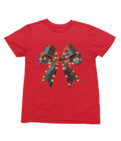 red t-shirt with vintage coquette christmas bow design