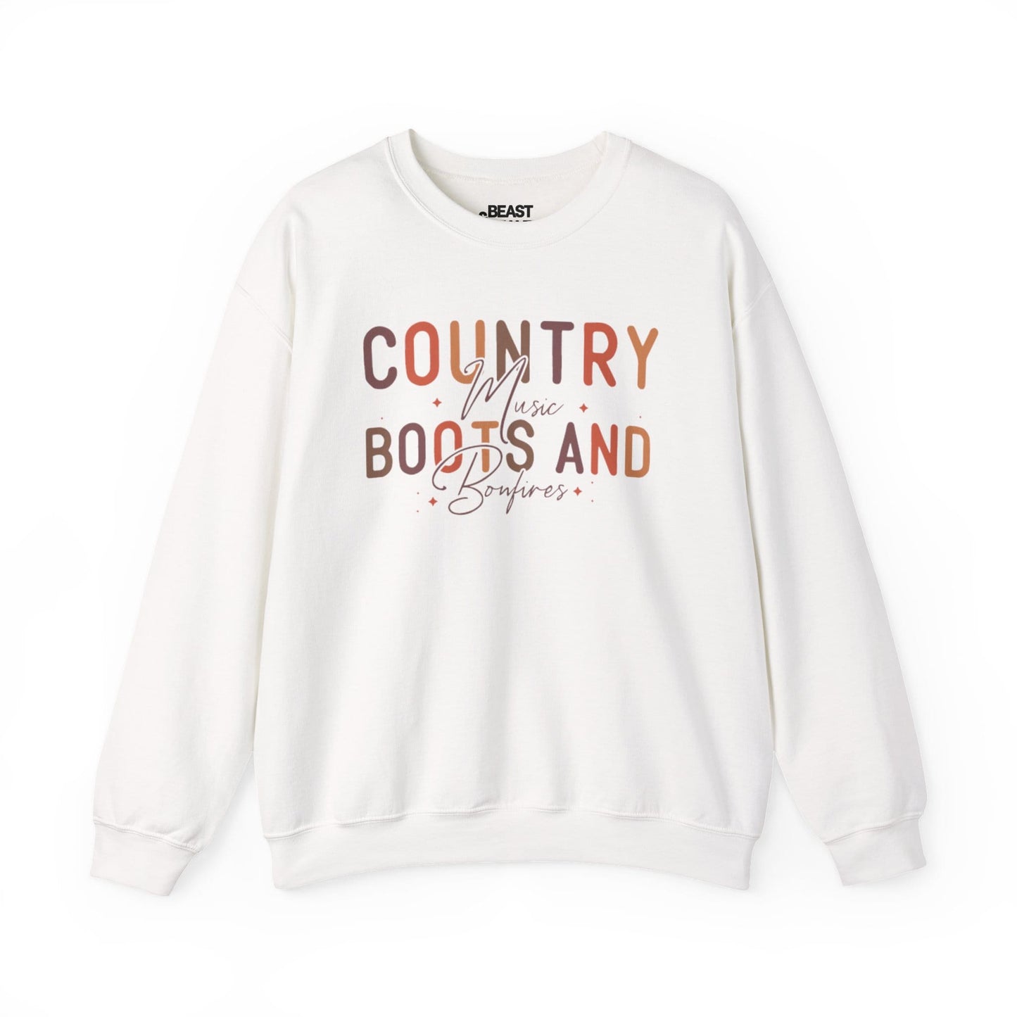 white sweatshirt with country boots and bonfires design autumn cowgirl style