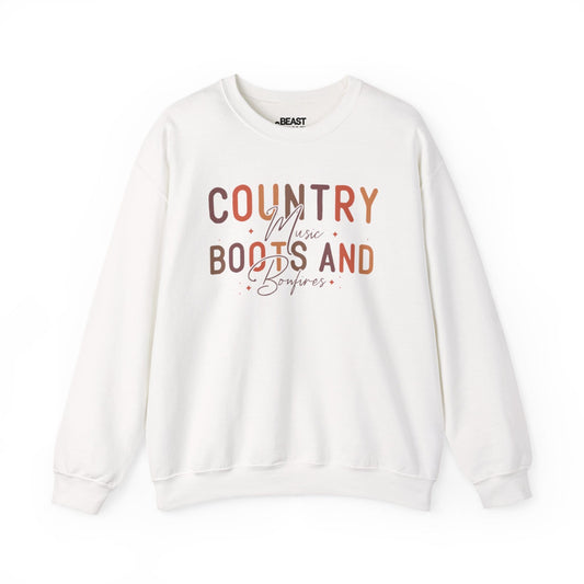 white sweatshirt with country boots and bonfires design autumn cowgirl style