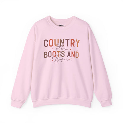 light pink sweatshirt with country boots and bonfires design for cowgirl gift