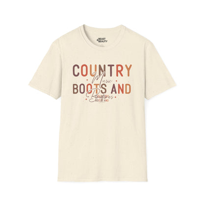 light blue women's t-shirt with western country music boots and bonfires graphic