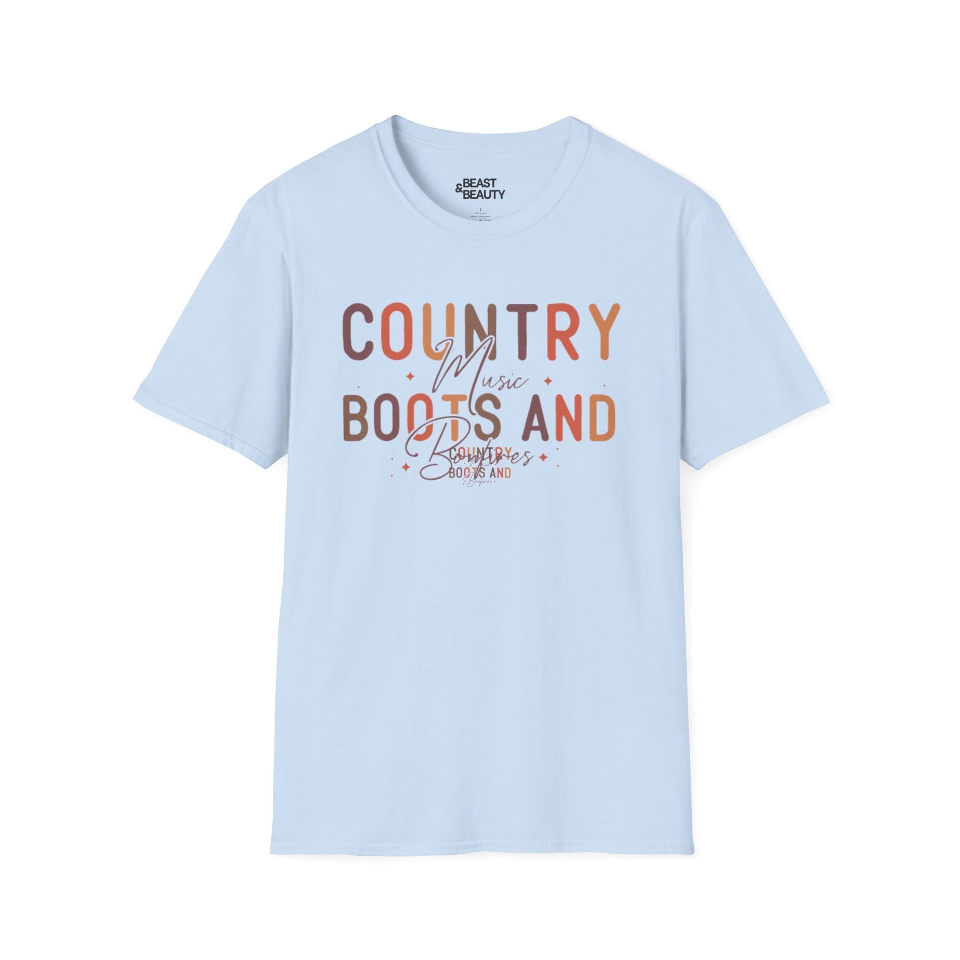 natural t-shirt with boots and bonfires country music print for her