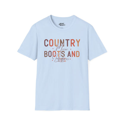 natural t-shirt with boots and bonfires country music print for her