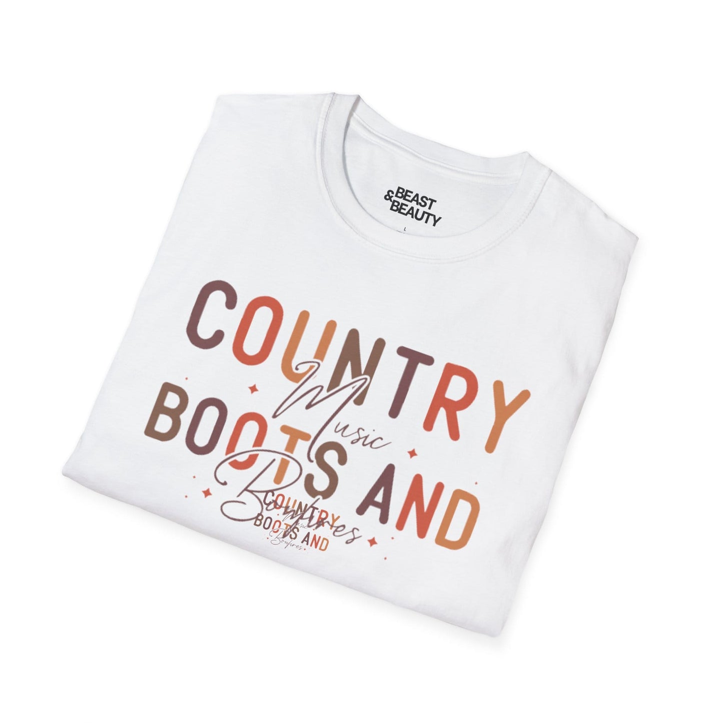 natural colour t-shirt with boots and bonfires country western design