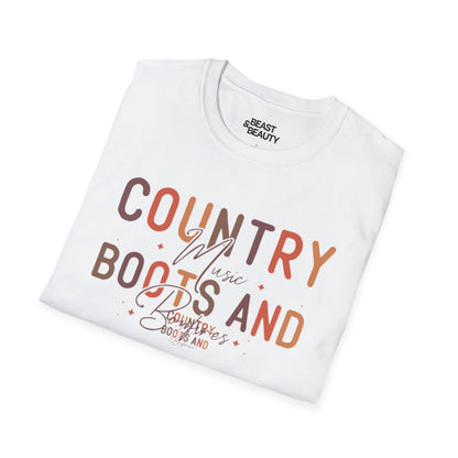 natural colour t-shirt with boots and bonfires country western design