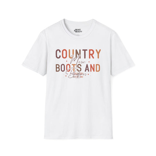 white t-shirt with country music boots and bonfires slogan design