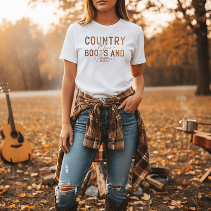 close-up of boots and bonfires country music t-shirt print detail