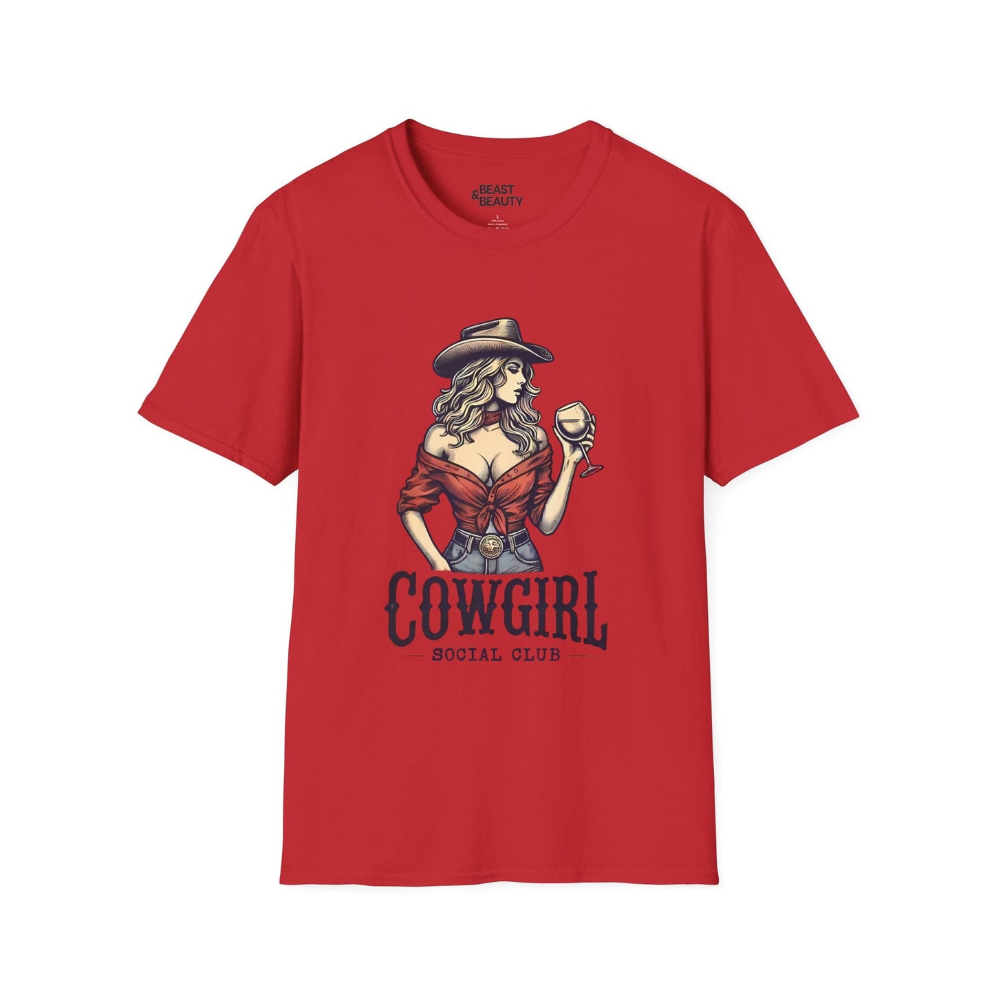 red t-shirt with cowgirl social club vintage western design for women
