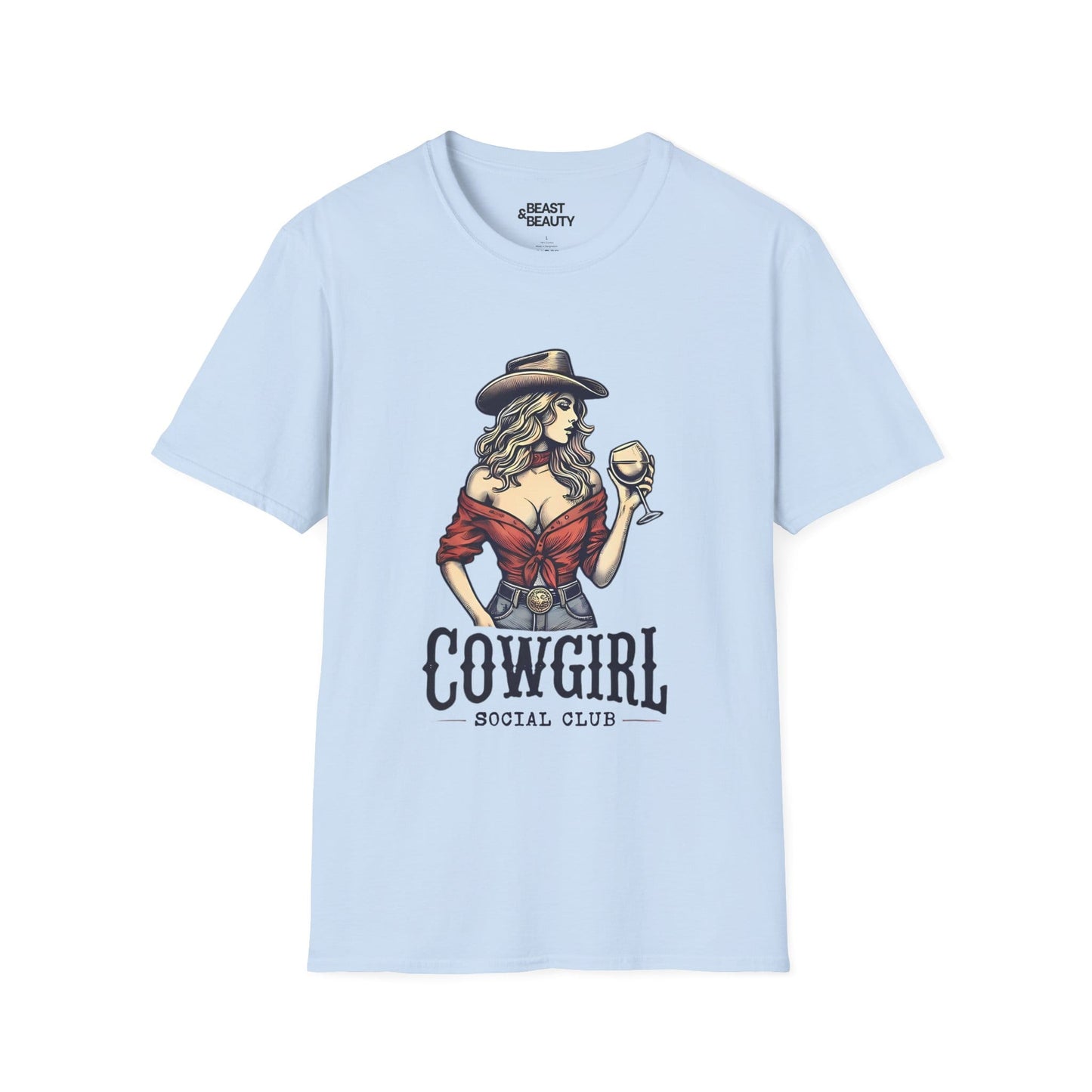 light blue t-shirt with cowgirl social club vintage graphic cowgirl gift idea