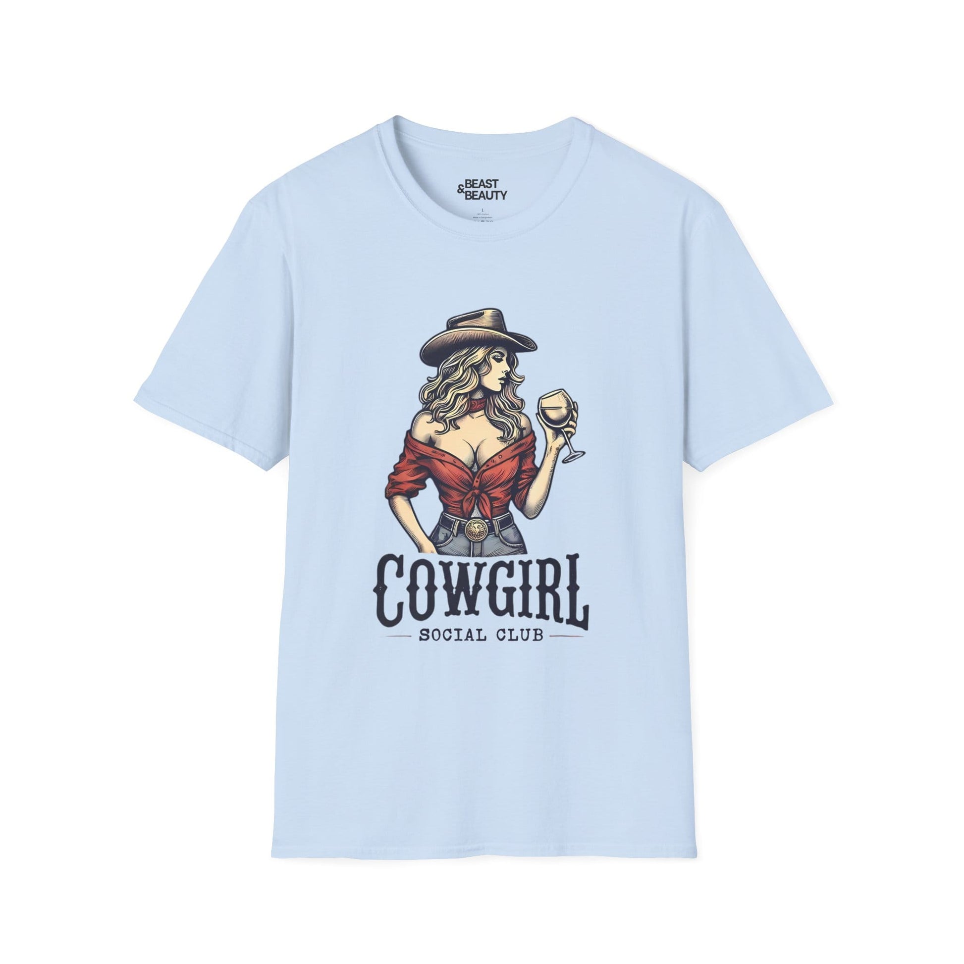 light blue t-shirt with cowgirl social club vintage graphic cowgirl gift idea