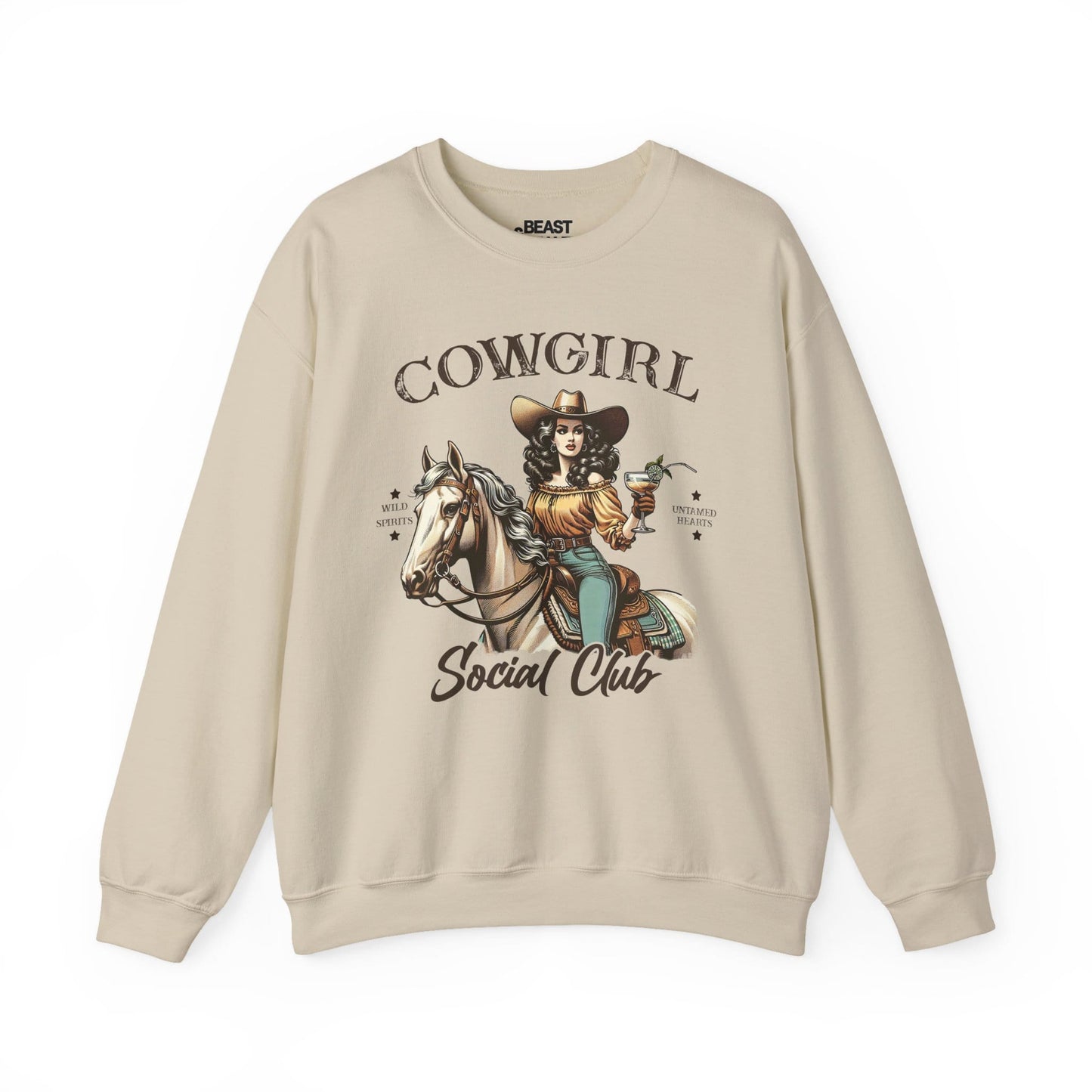 sand sweatshirt with cowgirl social club vintage western graphic for country music fans