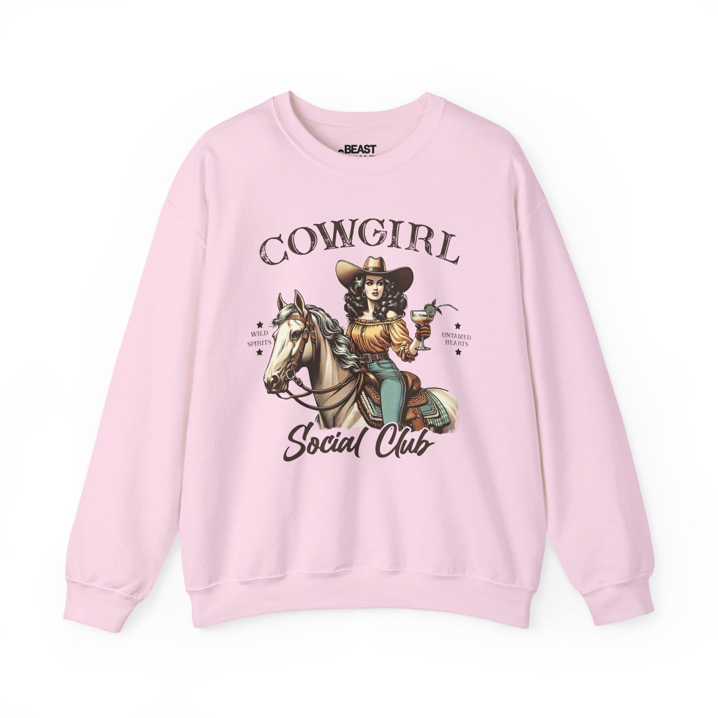 light pink sweatshirt with cowgirl social club vintage western graphic for her