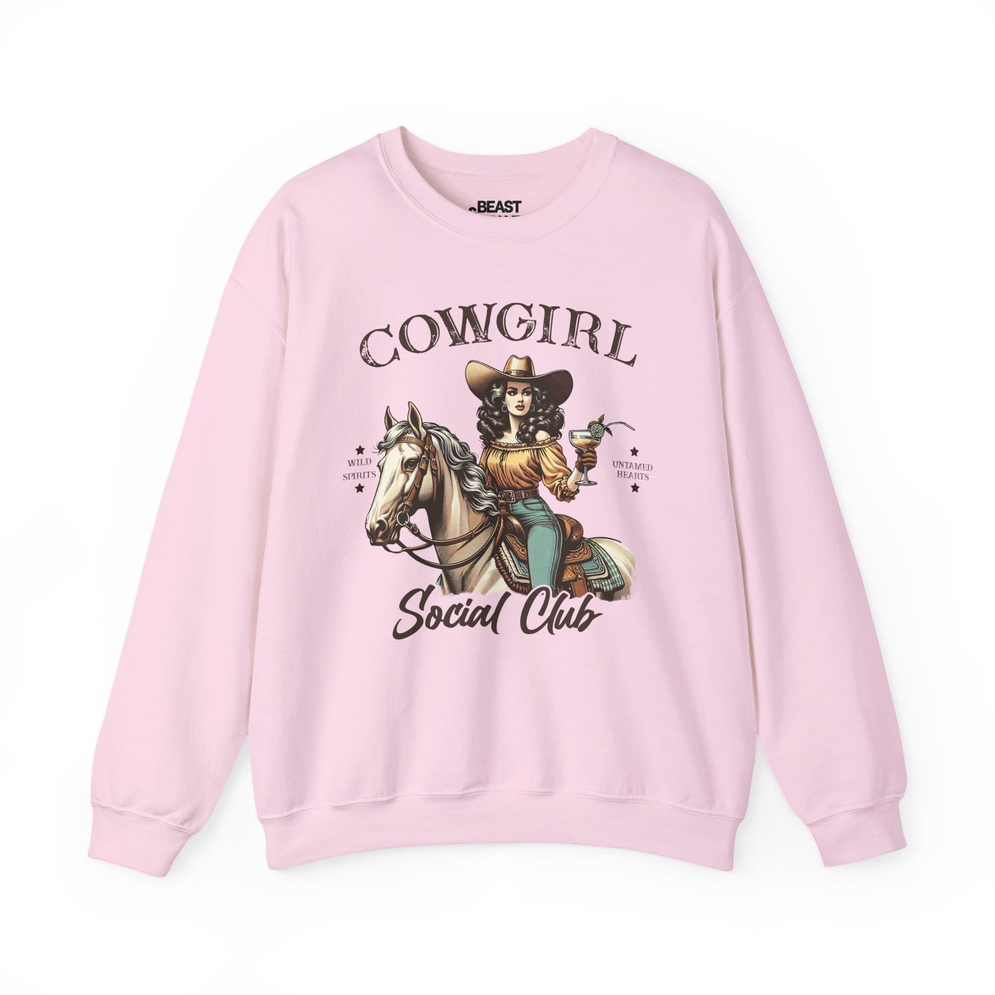 light pink sweatshirt with cowgirl social club vintage western graphic for her