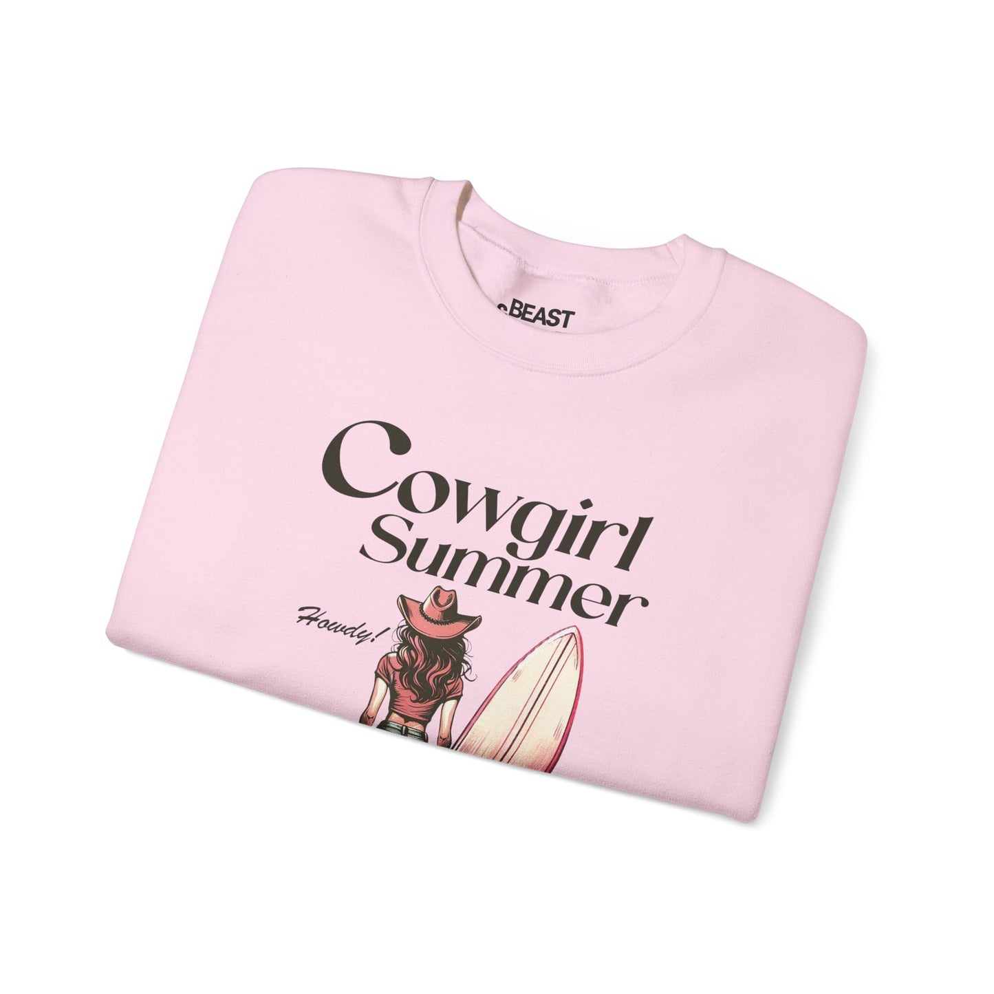 cowgirl summer sweatshirt lifestyle shot showing western print detail