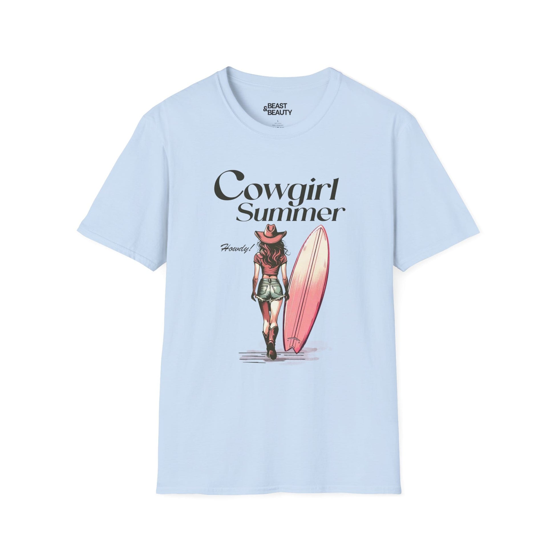 light blue cowgirl summer t-shirt with western print for women