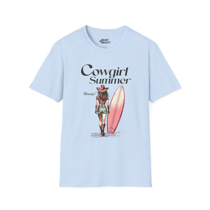 light blue cowgirl summer t-shirt with western print for women
