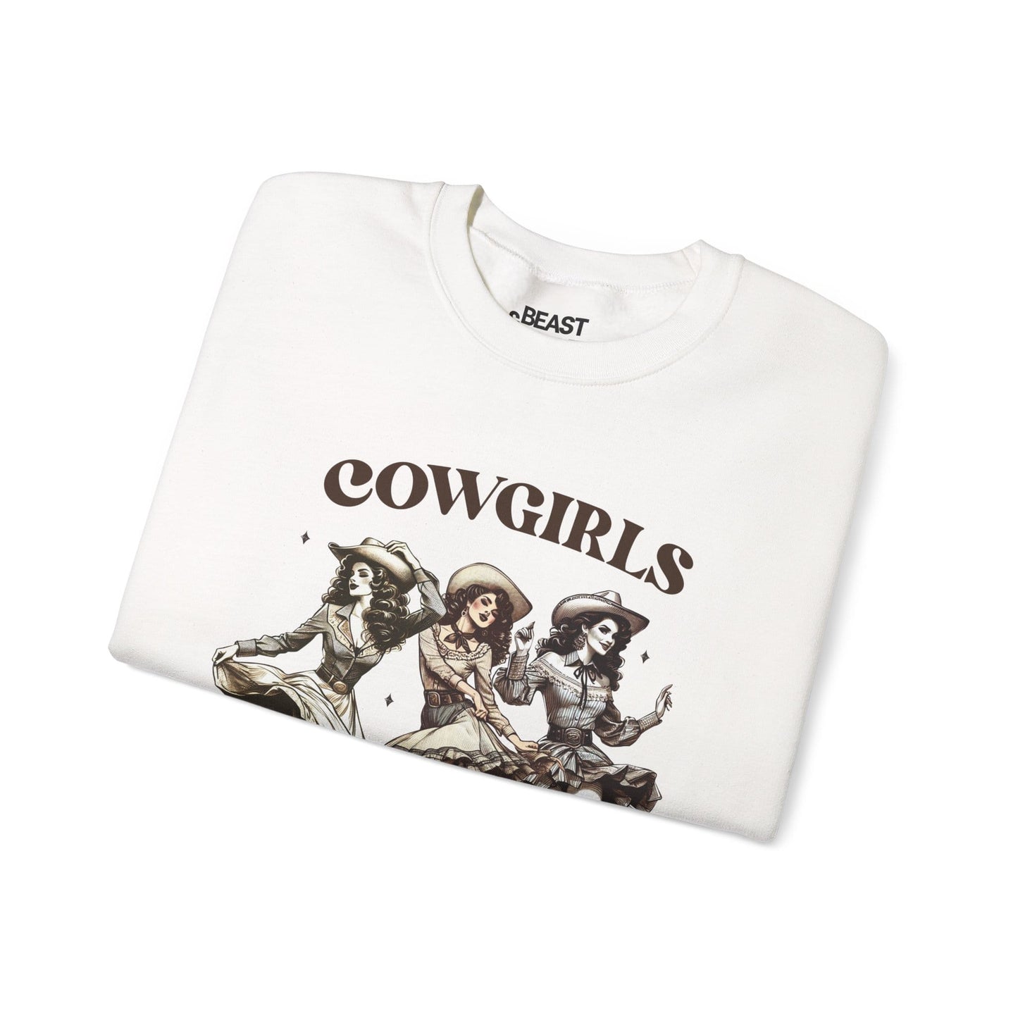 cowgirls just wanna have fun sweatshirt lifestyle flat lay showing bold western print