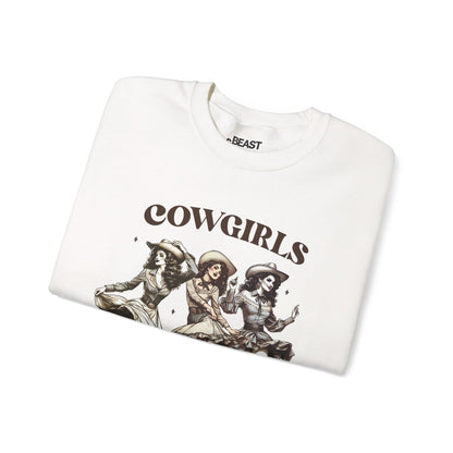 cowgirls just wanna have fun sweatshirt lifestyle flat lay showing bold western print