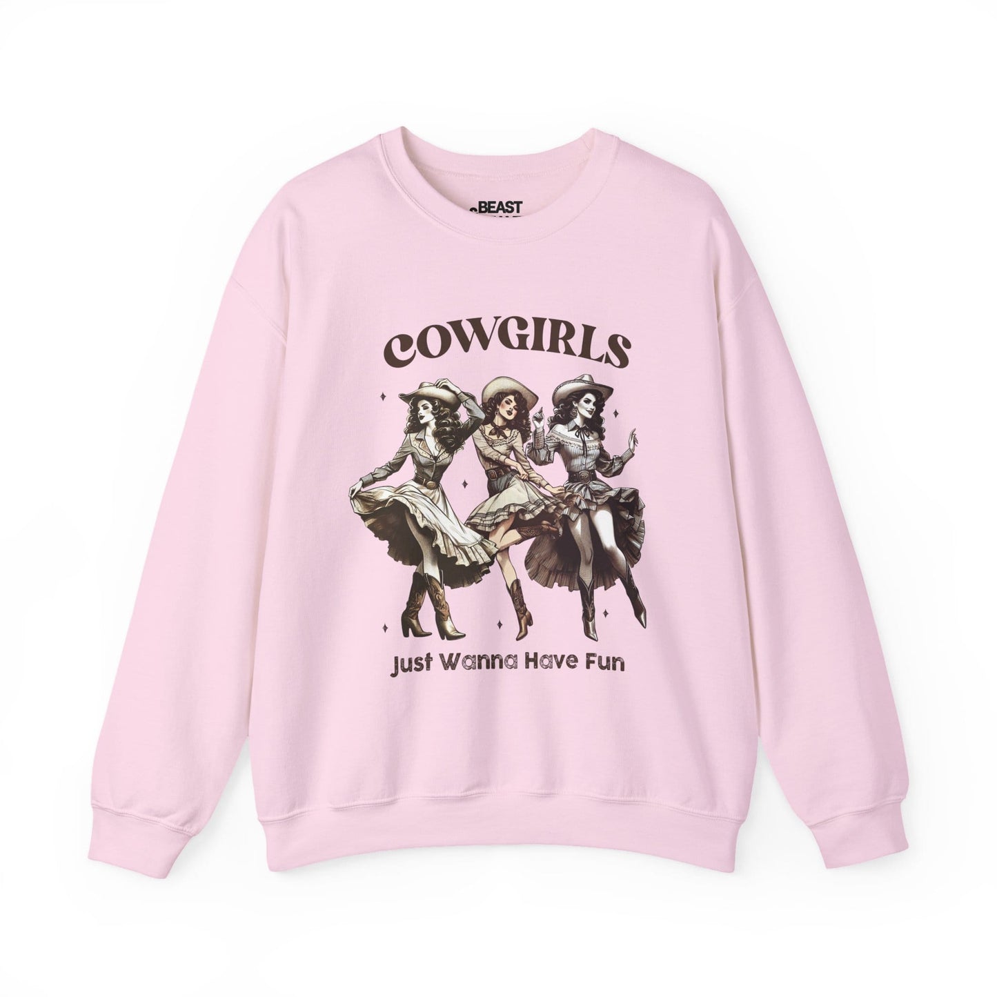 light pink sweatshirt with cowgirls just wanna have fun western design for women