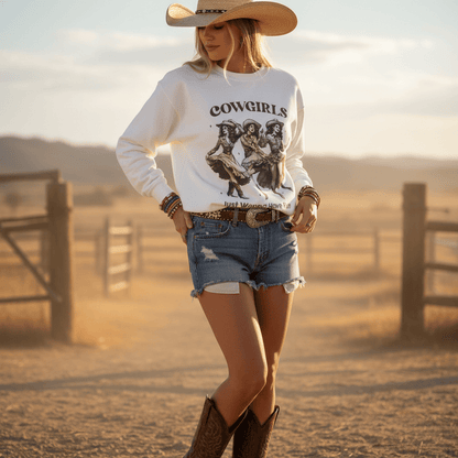 cowgirls just wanna have fun sweatshirt shown as a gift idea for cowgirl fans