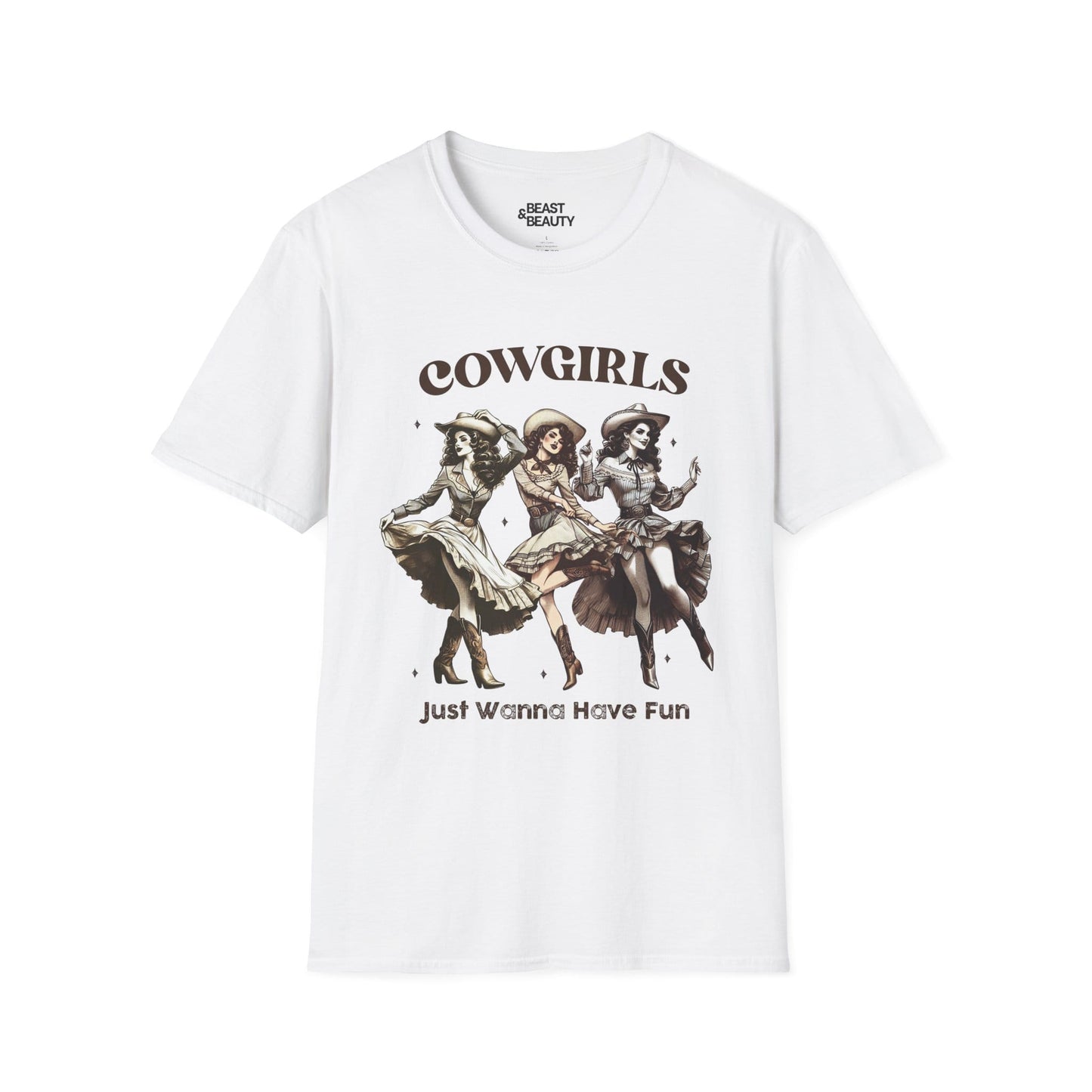 white t-shirt with cowgirls just wanna have fun slogan western gift for her