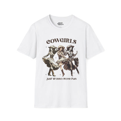 white t-shirt with cowgirls just wanna have fun slogan western gift for her