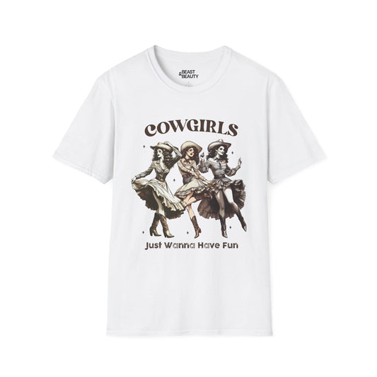 white t-shirt with cowgirls just wanna have fun slogan western gift for her