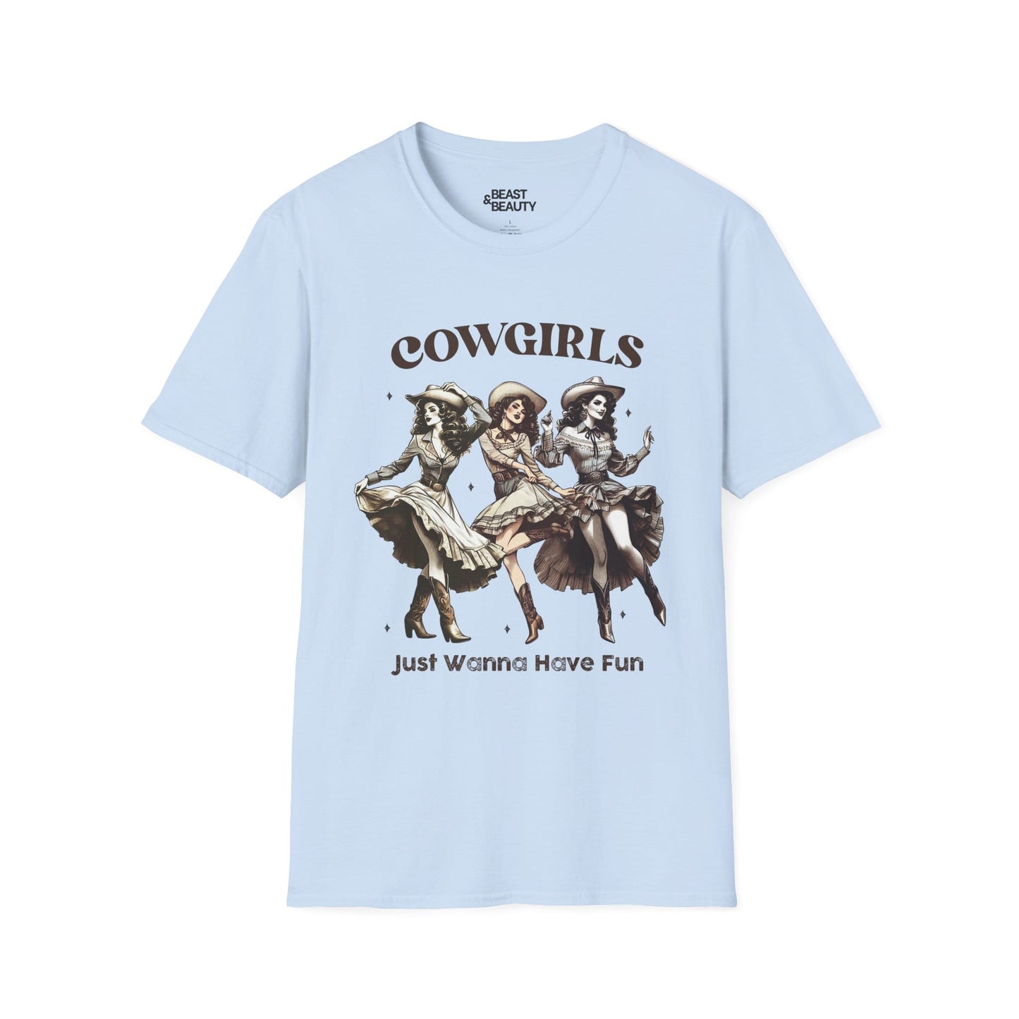 light blue t-shirt with cowgirls just wanna have fun funny cowgirl gift idea