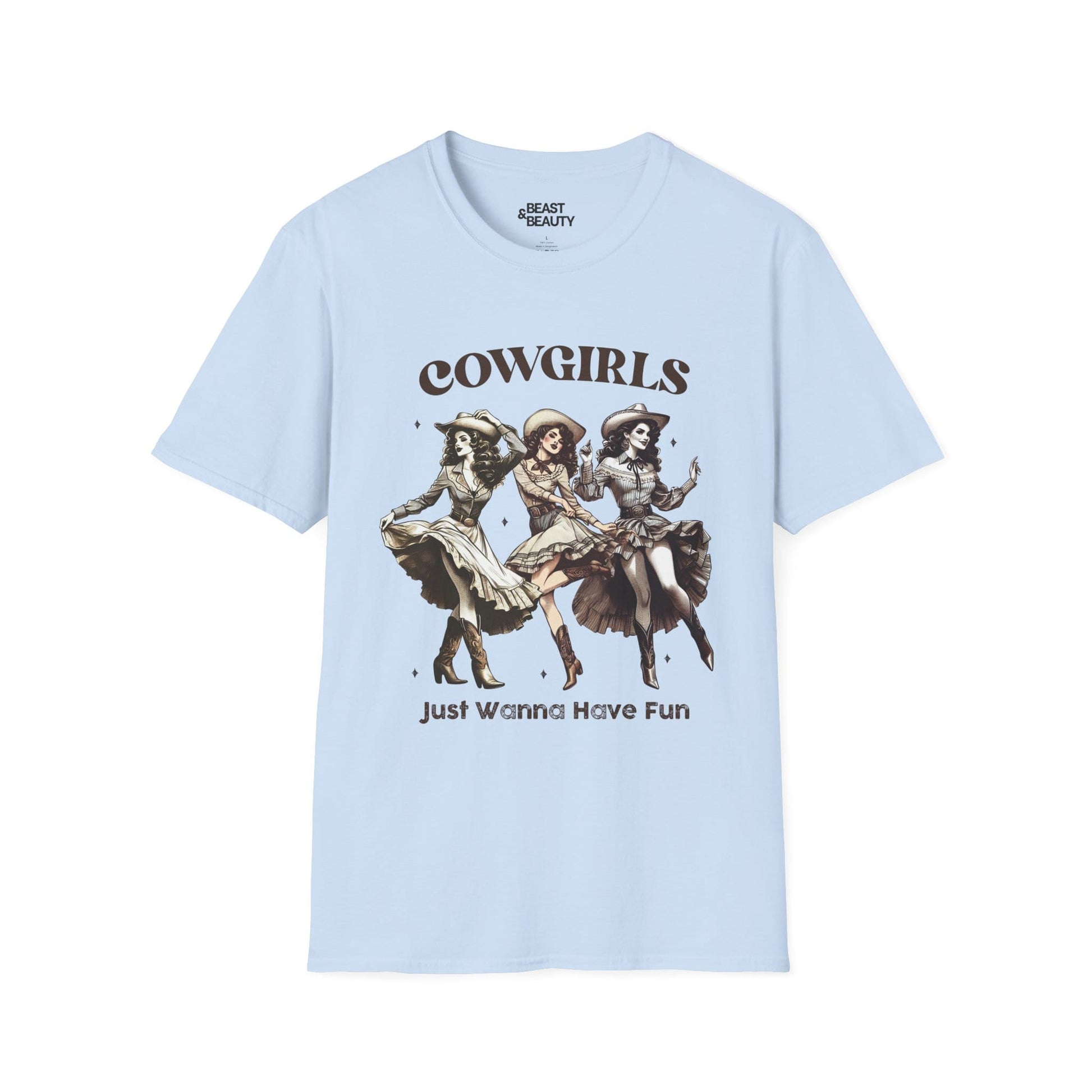 light blue t-shirt with cowgirls just wanna have fun funny cowgirl gift idea