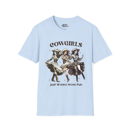 light blue t-shirt with cowgirls just wanna have fun funny cowgirl gift idea