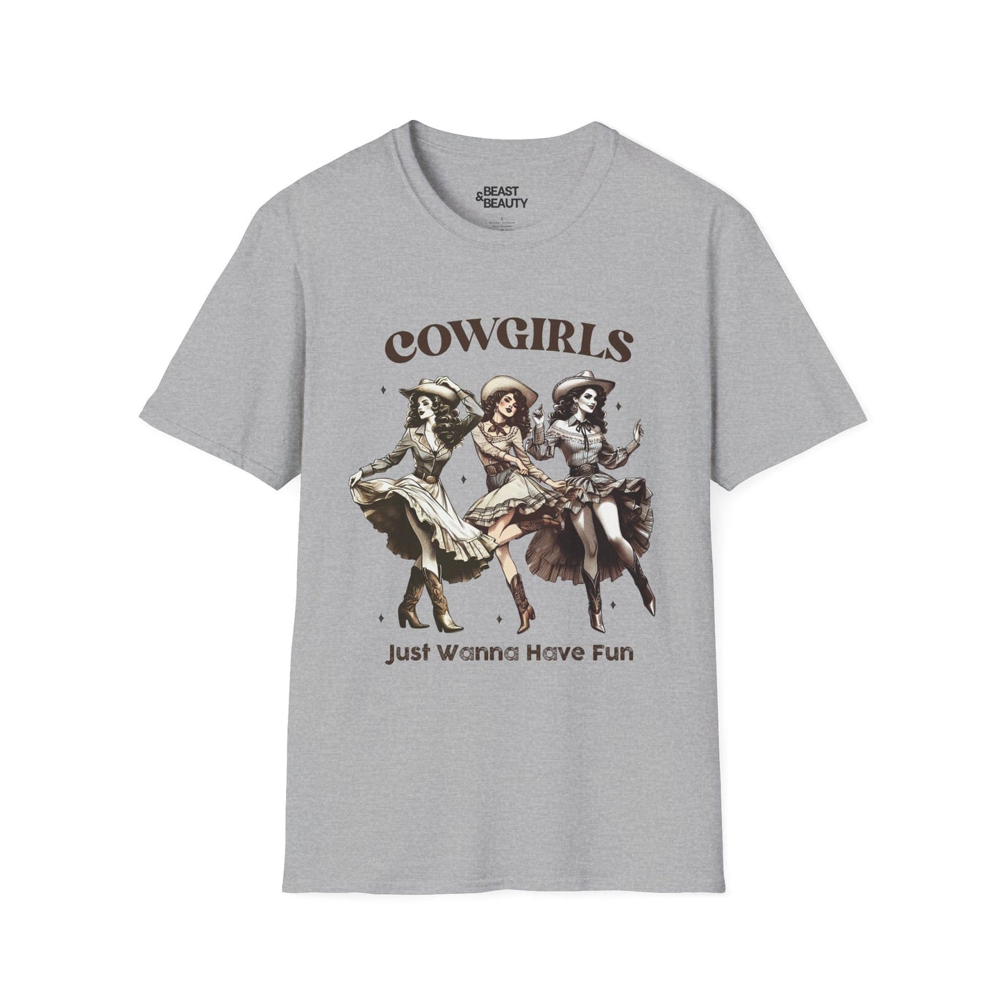 sport grey t-shirt with cowgirls just wanna have fun cowgirl slogan design