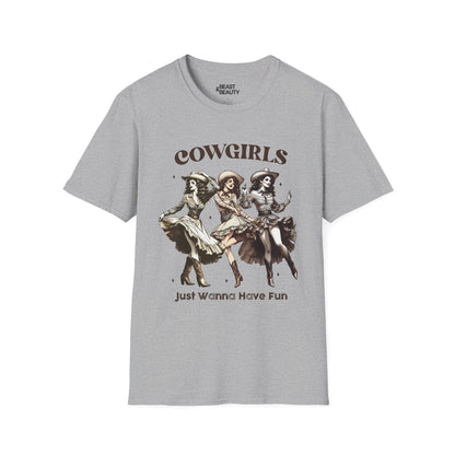 sport grey t-shirt with cowgirls just wanna have fun cowgirl slogan design