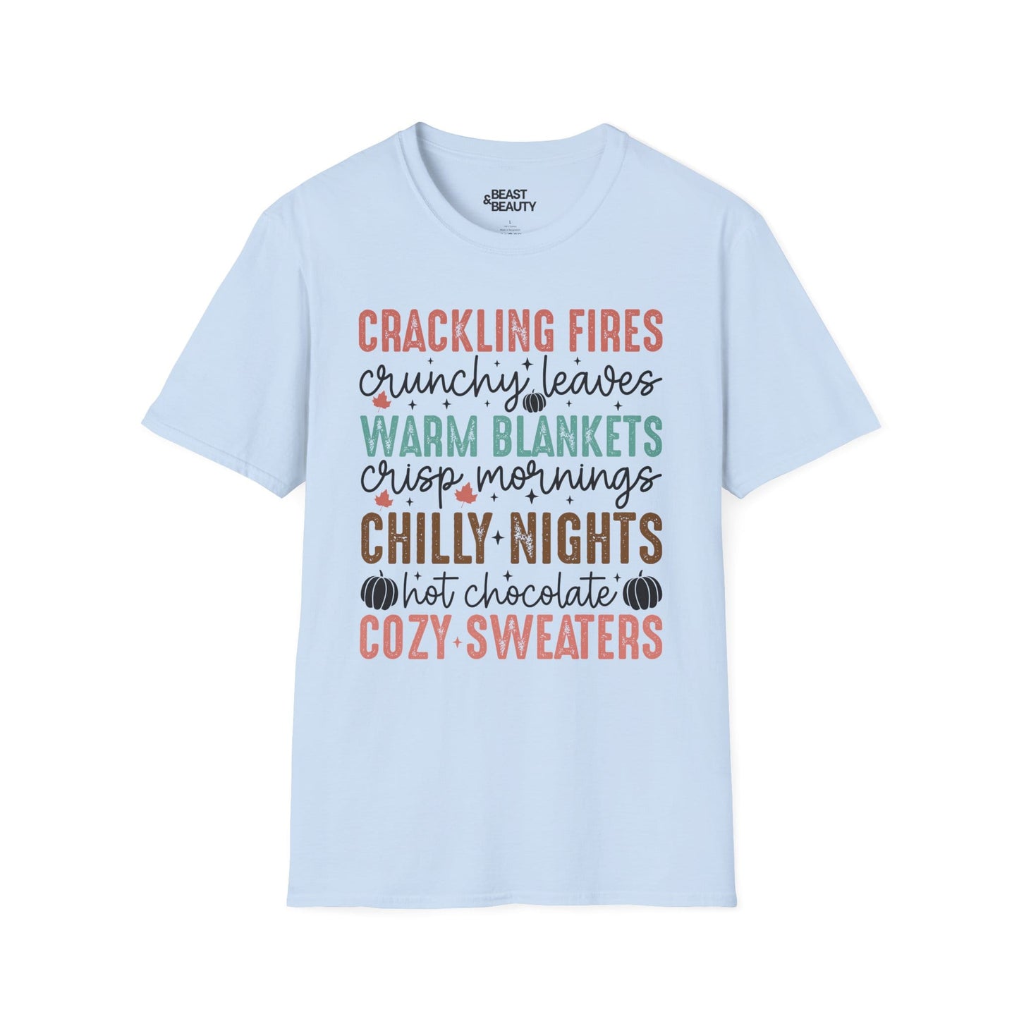 light blue t-shirt with cozy fall vibes autumn slogan gift idea